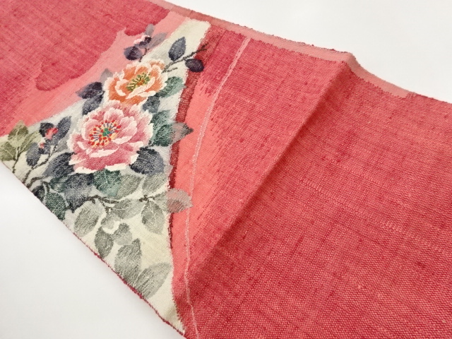 JAPANESE KIMONO / NAGOYA OBI / SILK / HAND WOVEN / MAWATA TSUMUGI / PEONY
